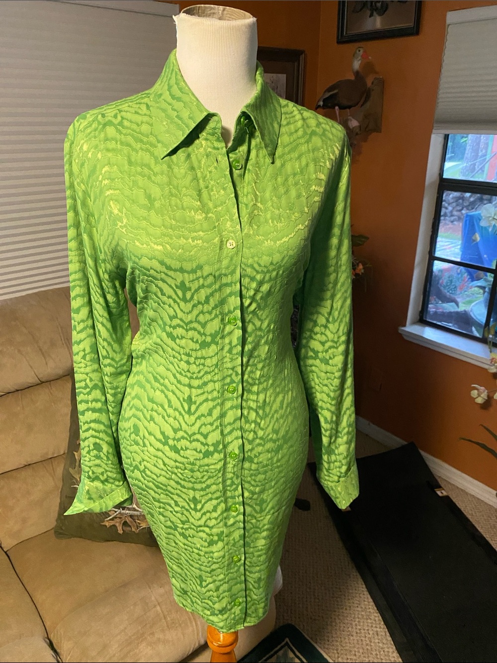 H&M Lime Green Long-Sleeve Tie-Waist Shirt Dress